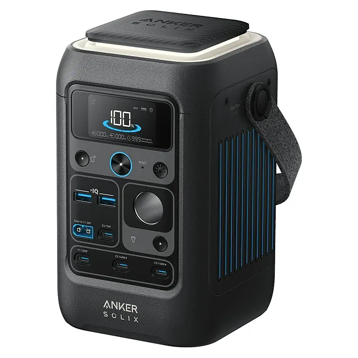 Anker Powerstation SOLIX C300X DC - 288 Wh, Schwarz - Das Bild zeigt eine Anker SOLIX Powerstation, ein tragbares Gerät mit diversen Anschlüssen und einem übersichtlichen Display zur Energieverwaltung.