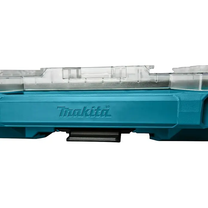 Makita Organizer Maktrak Flach L - L x B x H: 59,6 x 38,7 x 8,5 cm, Anzahl Fächer: 11 Stk. - Nahaufnahme einer türkisfarbenen Makita Werkzeugkiste mit transparentem Deckel. Ideal für Ordnung und Transport von Werkzeugen und Zubehör.