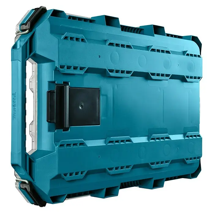 Makita Organizer Maktrak Flach L - L x B x H: 59,6 x 38,7 x 8,5 cm, Anzahl Fächer: 11 Stk. - Nahaufnahme eines blauen Makita Makpac Aufbewahrungskoffers für Werkzeuge und Zubehör, der Robustheit und Funktionalität vereint.