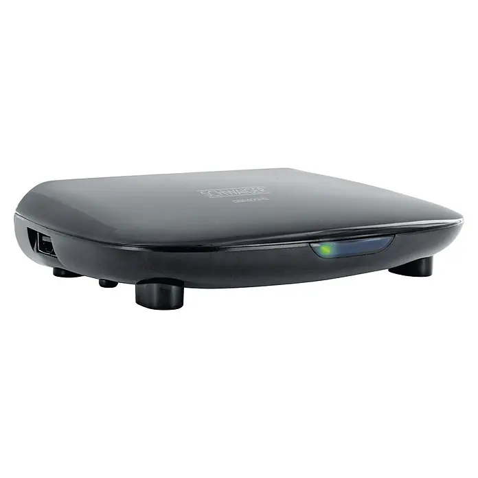 Schwaiger HDTV-Sat-Receiver DVB-S2 - Schwarz, 1.080 Pixel (Full HD), L x B x H: 22 x 13,5 x 4,5 cm - Nahaufnahme eines schwarzen Schwaiger DSP400HD Digitalreceiver mit leuchtender LED-Anzeige und elegantem Design.