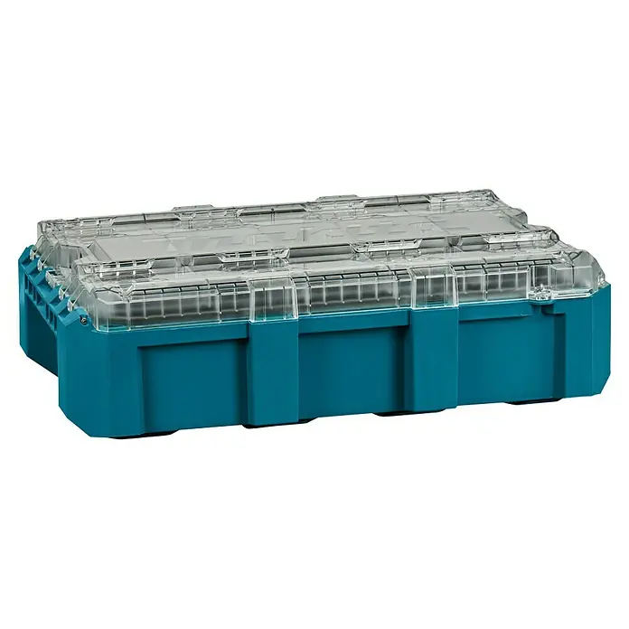 Makita Organizer Maktrak M - L x B x H: 56,2 x 38,7 x 16,2 cm, Anzahl Fächer: 11 Stk. - Ein türkisfarbener Makita Makpac Werkzeugkoffer mit transparentem Deckel für eine ordentliche Aufbewahrung von Werkzeugen und Zubehör.