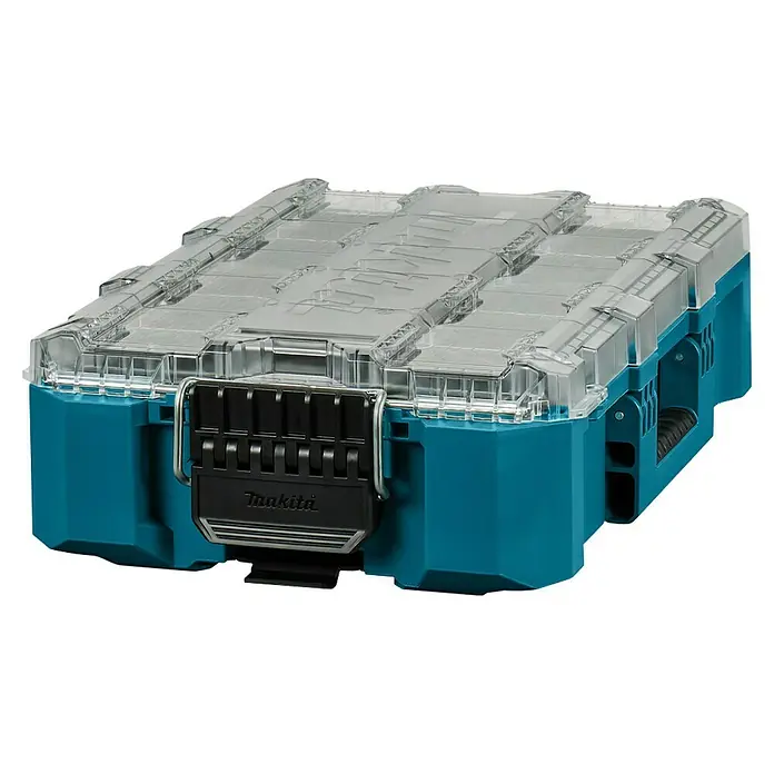 Makita Organizer Maktrak M - L x B x H: 56,2 x 38,7 x 16,2 cm, Anzahl Fächer: 11 Stk. - Nahaufnahme eines MakPac Aufbewahrungskoffers mit transparentem Deckel und blaugrünem Gehäuse, ideal für Werkzeuge und Zubehör.