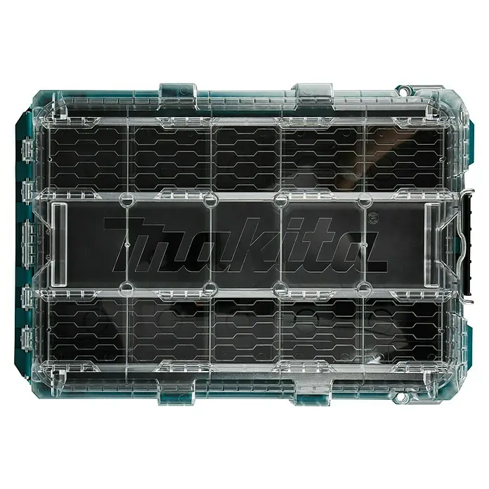 Makita Organizer Maktrak M - L x B x H: 56,2 x 38,7 x 16,2 cm, Anzahl Fächer: 11 Stk. - Makita Makpac Sortimentskasten: Transparenter Koffer zur übersichtlichen Aufbewahrung von Werkzeug und Zubehör mit dem Makita-Logo auf der Vorderseite.