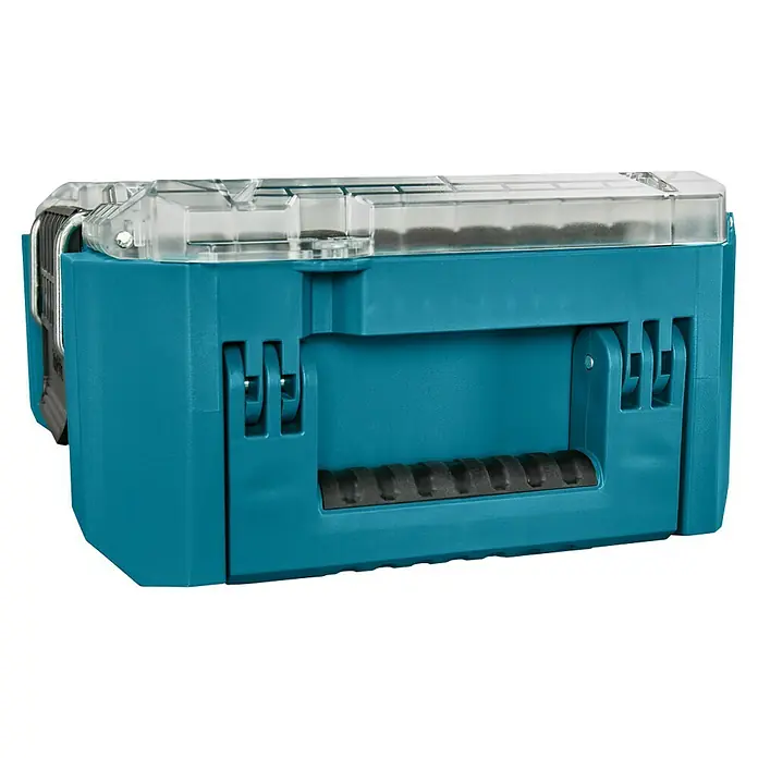 Makita Organizer Maktrak M - L x B x H: 56,2 x 38,7 x 16,2 cm, Anzahl Fächer: 11 Stk. - Detailansicht einer türkisfarbenen Werkzeugbox mit transparentem Deckel und schwarzem Griff. Solide Konstruktion für Handwerker.