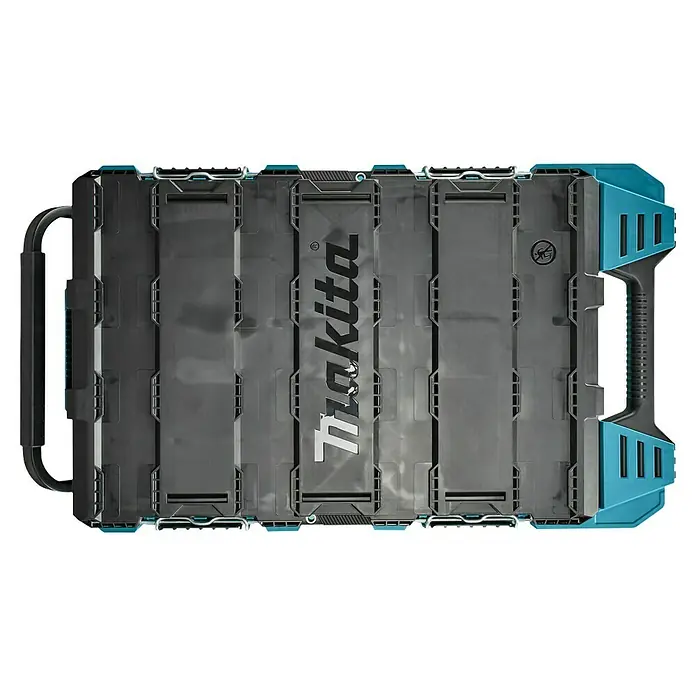 Makita Werkzeugkasten Maktrak Trolley L - Kunststoff, L x B x H: 101,1 x 56,5 x 29,5 cm - Eine robuste Makita Werkzeugkiste, ideal für den Transport und die Lagerung von Werkzeugen. Die blaue Akzente fallen ins Auge.