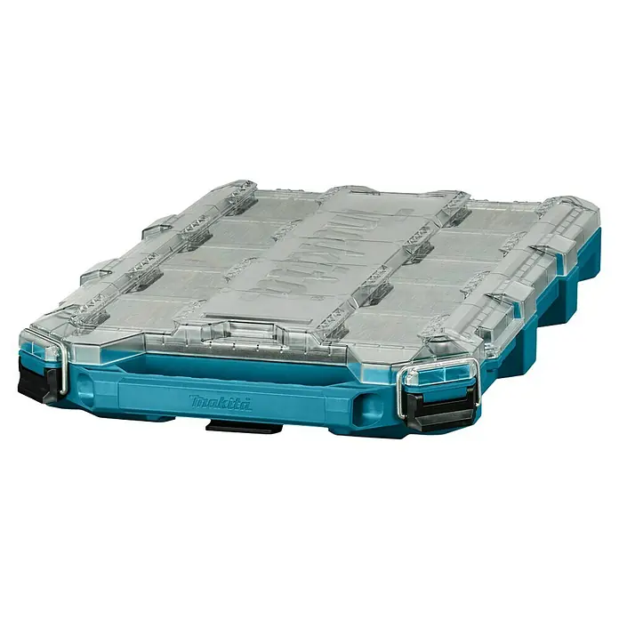 Makita Organizer Maktrak Flach L - L x B x H: 59,6 x 38,7 x 8,5 cm, Anzahl Fächer: 11 Stk. - Makita Werkzeugkoffer mit transparentem Deckel. Solide Aufbewahrungslösung für Werkzeuge und Zubehör.