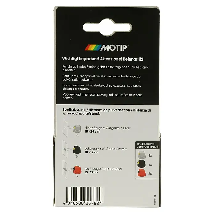 Motip Sprühkopf-Set - Passend für: Duplicolor & Motip Sprühdosen, 6 Stk. - Produktverpackung mit Sprühabstandsanweisungen für silberne, schwarze und rote Sprühaufsätze und Angabe der enthaltenen Mengen.