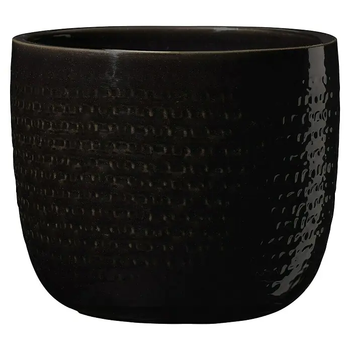 SK Übertopf rund Lillo - Außenmaß (Ø x H): 22 x 19 cm, Schwarz, Keramik, Glänzend - Nahaufnahme eines dunklen Pflanzentopfs mit einer gehämmerten Textur, ideal für Zimmerpflanzen.