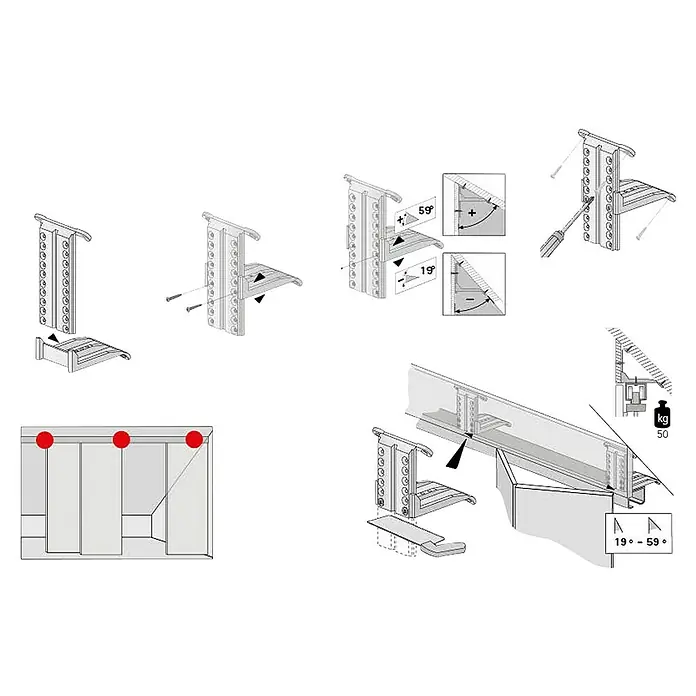 Hettich Dachschrägenadapter-Set - Kunststoff, Traglast: 50 kg - Illustration der Montage einer Garderobenstange mit verstellbaren Halterungen, die Flexibilität bei der Installation bietet.