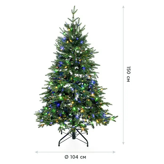 50 NRTH Künstlicher Weihnachtsbaum Sherwood - Höhe: 150 cm, Grün, LED-Beleuchtung - Abbildung eines geschmückten Weihnachtsbaums mit farbigen Lichtern, der eine Höhe von 150 cm und einen Durchmesser von 104 cm hat.
