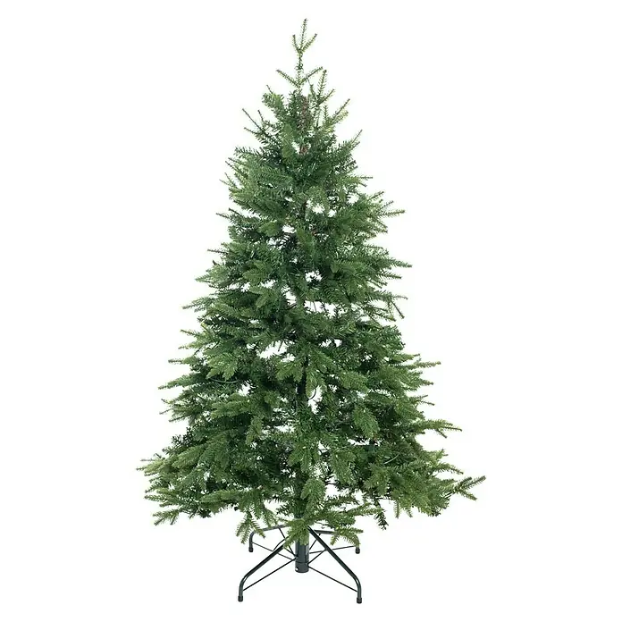 50 NRTH Künstlicher Weihnachtsbaum Sherwood - Höhe: 150 cm, Grün, LED-Beleuchtung - Ein detailreicher Alt-Text für einen üppigen, ungeschmückten künstlichen Weihnachtsbaum mit einem stabilen Metallfuß vor einem schwarzen Hintergrund.