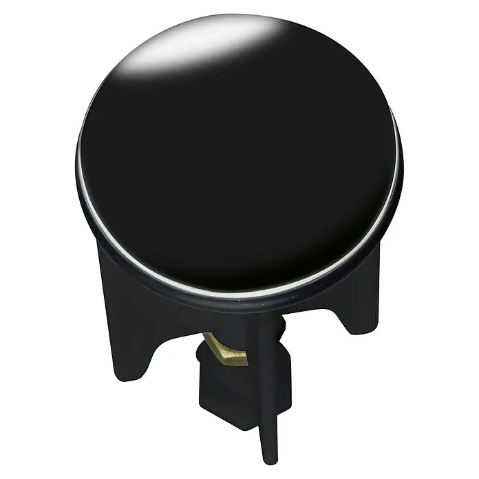 Wenko Design-Excenterstopfen - Black, Durchmesser: 3,9 cm - Nahaufnahme eines runden, schwarzen Pop-Up-Ventils mit glänzender Oberfläche und silbernem Rand für Waschbecken.