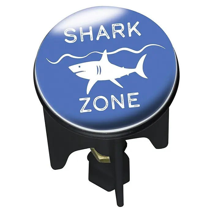 Wenko Design-Excenterstopfen - Shark Zone, Durchmesser: 3,9 cm - Dieser Waschbeckenstöpsel mit Hai-Motiv und der Aufschrift "Shark Zone" ist ein witziges Accessoire für jedes Badezimmer.