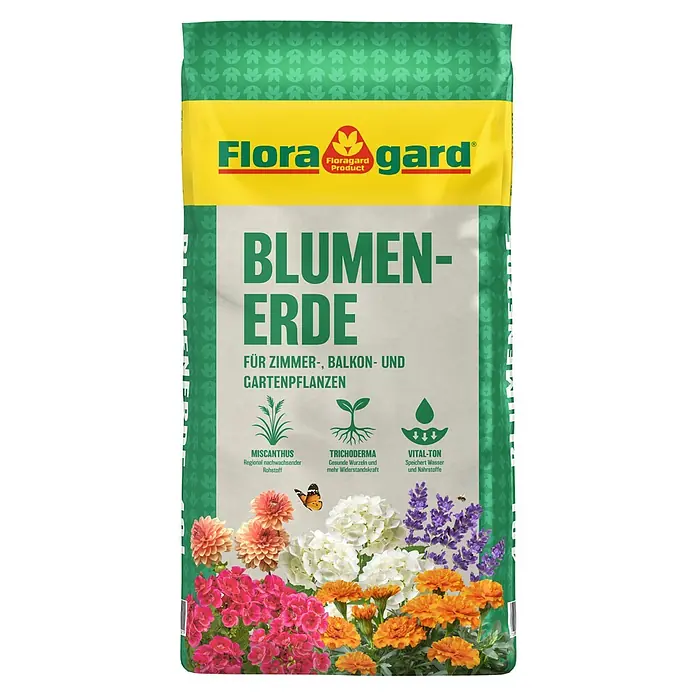 Floragard Blumenerde - 40 l - Floragard Blumenerde für Zimmer-, Balkon- und Gartenpflanzen. Mit Miscanthus, Trichoderma und Vital-Ton für gesundes Wachstum.
