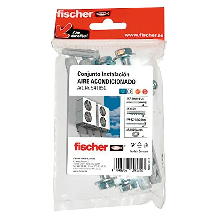 Fischer Surtido de tacos y tornillos para aire acondicionado - Cantidad total: 16 pzs. - Imagen de un kit de instalación de aire acondicionado Fischer con tornillos, tacos y elementos de fijación para la instalación.