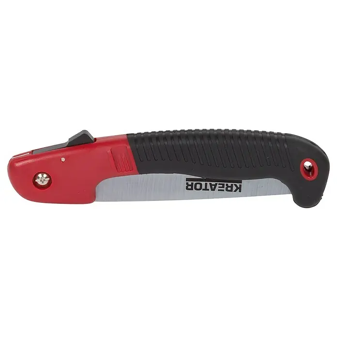 Kreator Serrucho de podar plegable Compact - Largo: 180 mm - Una sierra plegable Kreator con mango rojo y negro, ideal para jardinería y fácil de guardar.