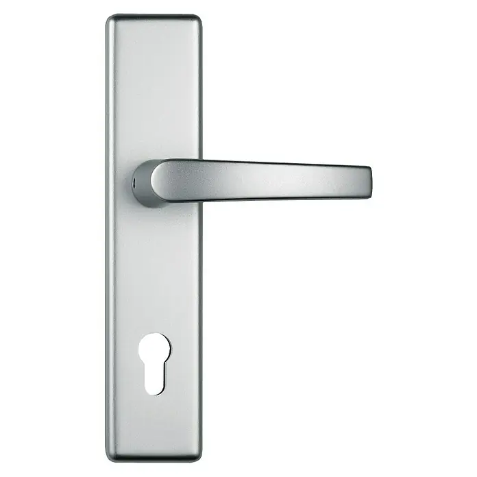 Abus Schutzbeschlag HLT612 - Hauseingangstür, Aluminium, Drücker beidseitig, Stärke Tür: 52 mm - 72 mm - Silberner Türgriff mit Schlüsselloch auf schwarzem Hintergrund. Elegantes Design für moderne Türen.