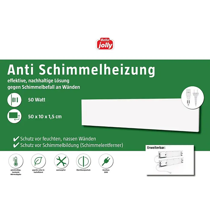 Jollytherm Infrarotheizkörper Anti-Schimmel Set - B x H: 50 x 10 cm, 50 W, Weiß - Abbildung einer Bella Jolly Anti-Schimmelheizung mit 50 Watt, 50 x 10 x 1,5 cm, Schutz vor feuchten Wänden und Schimmelbildung.