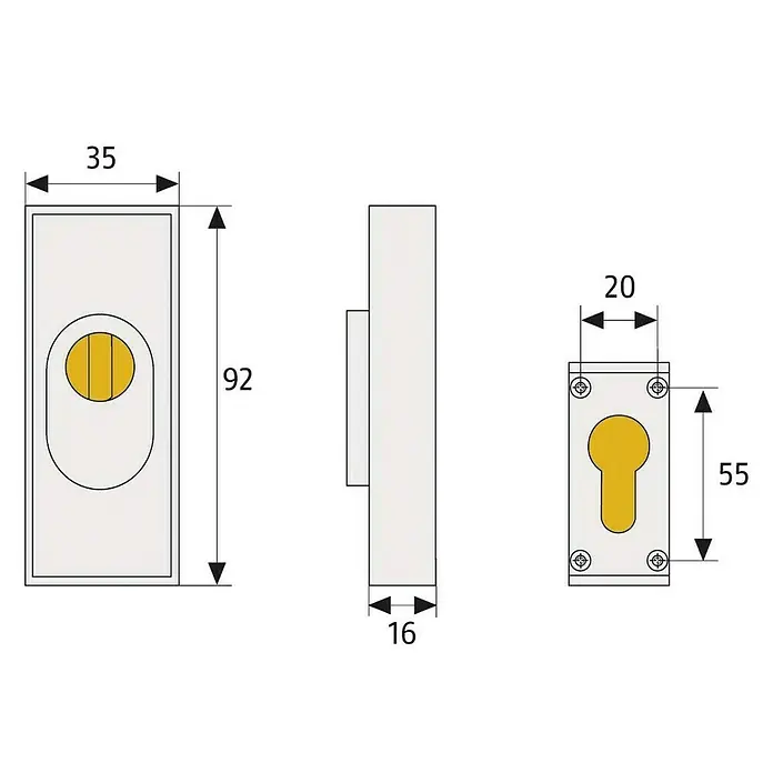 Abus Sicherheitsrosette RSZS 316 - Metalltür, Weiß, Stärke Schild/ Rosette: 16 mm - Technische Zeichnung einer Türbeschlag-Garnitur mit genauen Maßangaben für Installation und Design, ideal für Planungszwecke.