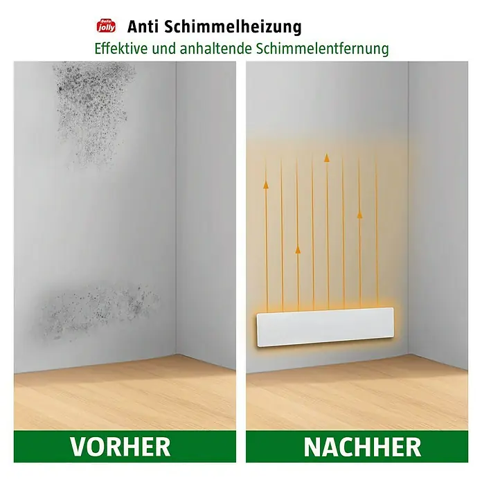 Jollytherm Infrarotheizkörper Anti-Schimmel Set - B x H: 50 x 10 cm, 50 W, Weiß - Bild zeigt einen Vergleich vor und nach der Anwendung der Anti-Schimmelheizung, die effektive Schimmelentfernung ermöglicht.