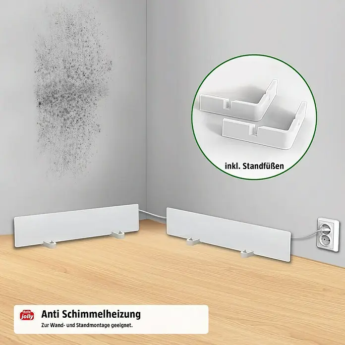 Jollytherm Infrarotheizkörper Anti-Schimmel Set - B x H: 50 x 10 cm, 50 W, Weiß - Anti-Schimmel-Heizung: Das Bild zeigt eine Heizung zur Vorbeugung von Schimmelbildung mit Standfüßen und einer Wandmontageoption.