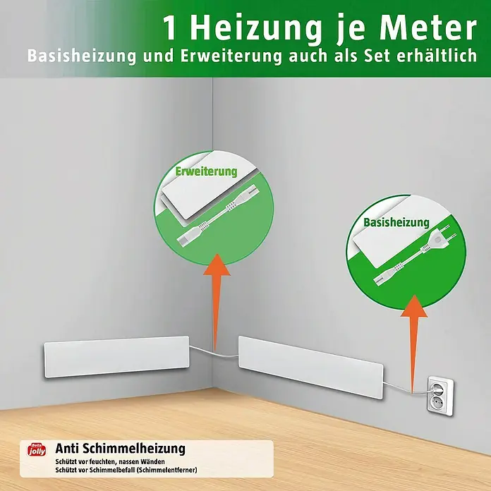 Jollytherm Infrarotheizkörper Anti-Schimmel Set - B x H: 50 x 10 cm, 50 W, Weiß - Anti-Schimmel-Heizungssystem zur Wandmontage, bestehend aus einer Basiseinheit und einer Erweiterung. Ideal zur Vermeidung von Feuchtigkeit und Schimmel.