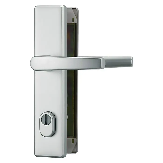Abus Schutzbeschlag HLZS814 - Hauseingangstür, Aluminium, Drücker beidseitig, Stärke Tür: 52 mm - 72 mm - Nahaufnahme einer modernen, silberfarbenen Türgarnitur mit Drücker und Schloss auf schwarzem Hintergrund.