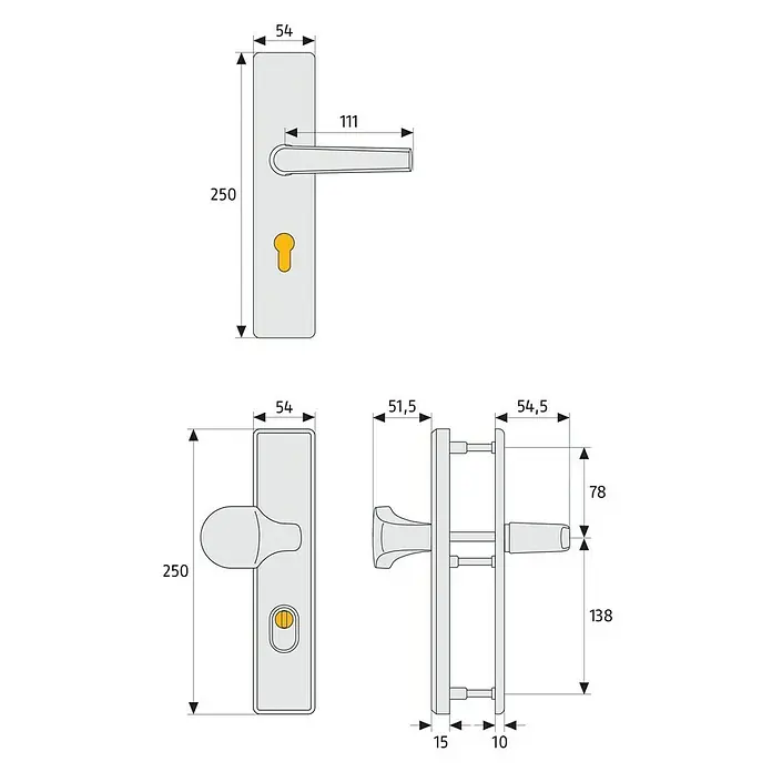 Abus Schutzbeschlag HLZS814 - Hauseingangstür, Bronze, Drücker beidseitig, Stärke Tür: 52 mm - 72 mm - Abbildung eines Türdrückers mit Maßen.