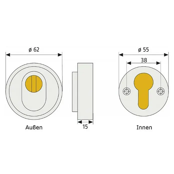 Abus Sicherheitsrosette RHZS 415 - Holztür, Edelstahl, Stärke Schild/ Rosette: 15 mm - Technische Zeichnung eines Türbeschlags mit Maßen.