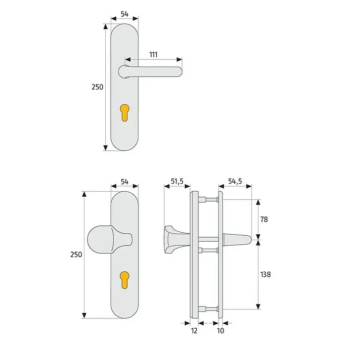 Abus Schutzbeschlag KLT512 - Feuerschutztür, Aluminium, Knopf außen, Drücker innen, Stärke Tür: 37 mm - 47 mm - Abbildung eines Türdrückers mit Maßen. Front- und Seitenansicht eines Türgriffs mit Schlüsselrosette und den dazugehörigen Produktabmessungen.