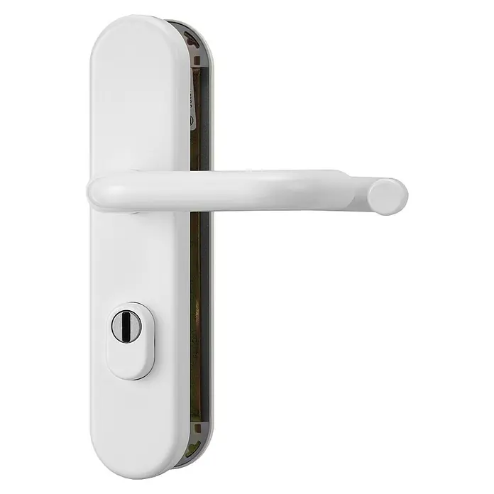 Abus Schutzbeschlag KLZS714 - Wohnungsabschlusstür, Weiß, Drücker beidseitig, Stärke Tür: 37 mm - 47 mm - Elegante weiße Türgriffgarnitur, ideal für moderne Inneneinrichtungen, mit einem schlanken Design und robuster Bauweise für eine lange Lebensdauer.