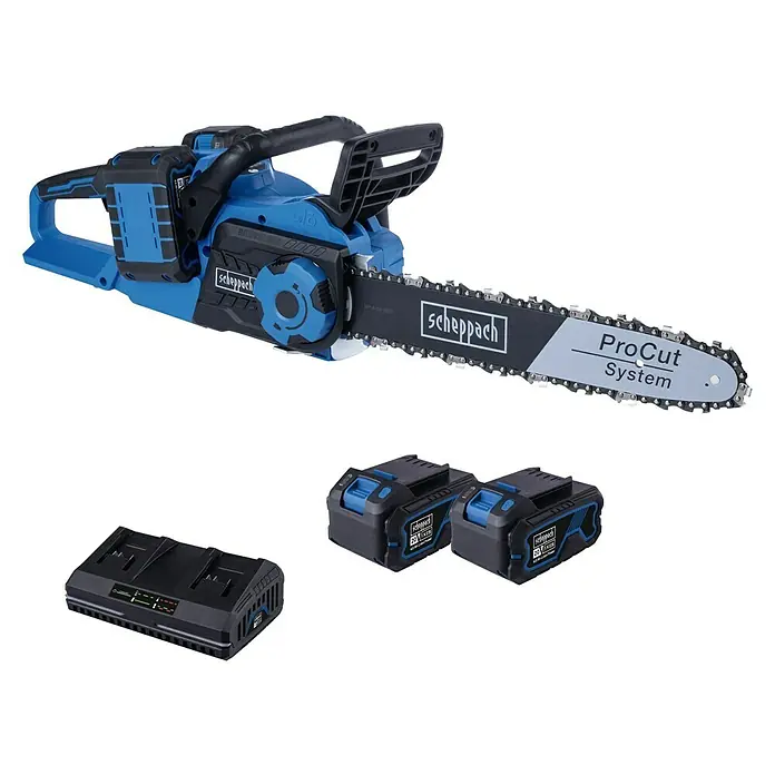 Scheppach IXES 20V Akku-Kettensäge BC-CS355DUO-X Set XL2 - 40 V, 4 Ah, Li-Ionen, 2 Akkus - Scheppach Akku-Kettensäge mit zwei Akkus und Ladegerät. Leistungsstarkes Werkzeug für Gartenarbeiten, ideal zum Beschneiden von Bäumen.