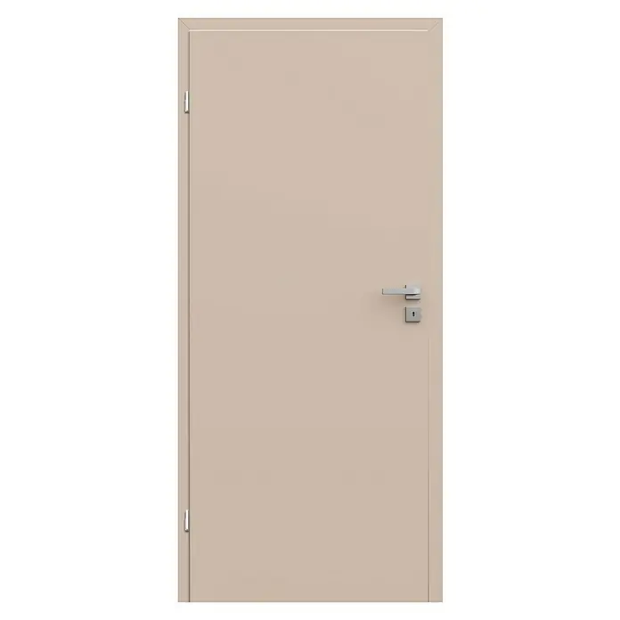 Classen PL Zimmertür Garda - 985 x 1.985 mm, DIN Anschlag: Links, Kaschmir, Röhrenspan - Eine schlichte, sandfarbene Innentür mit modernem, silberfarbenem Türgriff und Schloss, die ein minimalistisches Design verkörpert.