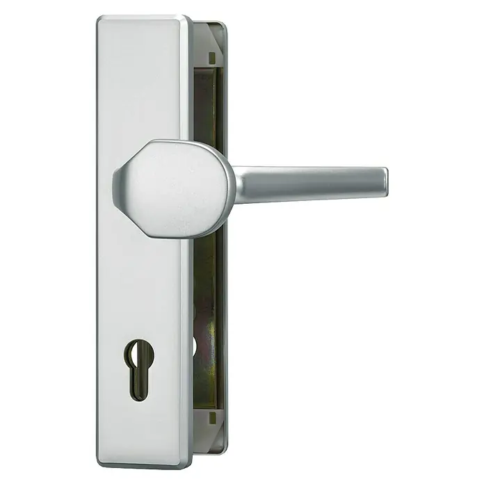 Abus Schutzbeschlag HLT612 - Hauseingangstür, Aluminium, Knopf außen, Drücker innen, Stärke Tür: 52 mm - 72 mm - Türgriff mit länglicher Rosette und Schlüsselloch. Der Türgriff ist aus silberfarbenem Metall und hat eine moderne Optik.