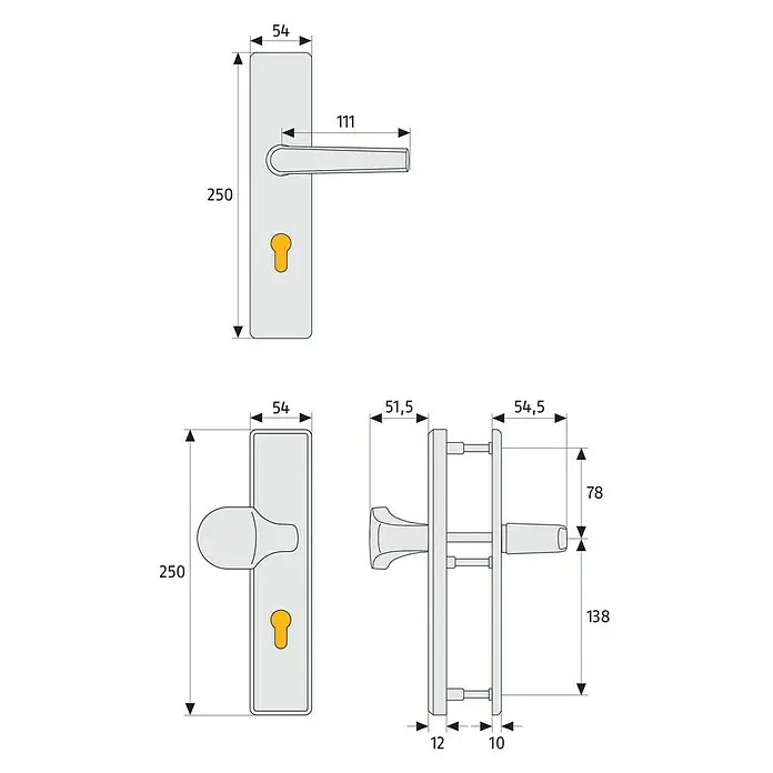 Abus Schutzbeschlag HLT612 - Hauseingangstür, Aluminium, Knopf außen, Drücker innen, Stärke Tür: 52 mm - 72 mm - Technische Zeichnung eines Türgriffs mit Rosette und Griff, mit Maßangaben für Design und Installation.
