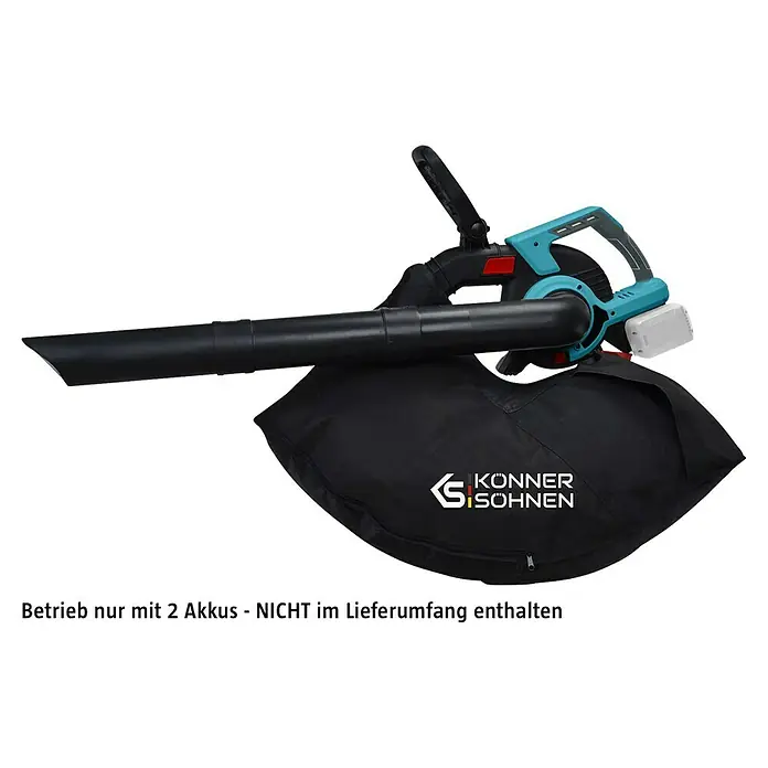 Könner & Söhnen Akku-Laubsauger & -Laubbläser KS LBV-40V - 40 V, Ohne Akku, Blasleistung: 550 m³/min, Blasgeschwindigkeit: 270 km/h - Abgebildet ist ein Konner & Söhnen Akku-Laubsauger mit einem schwarzen Auffangsack. Das Gerät ist in Türkis und Schwarz gehalten.