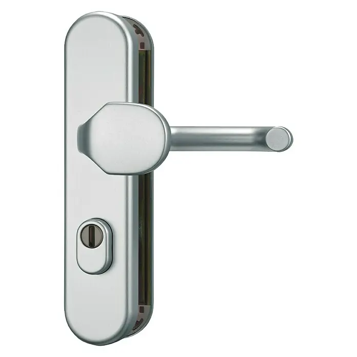 Abus Schutzbeschlag KLZS714 - Wohnungsabschlusstür, Silber F1, Knopf außen, Drücker innen, Stärke Tür: 37 mm - 47 mm - Nahaufnahme eines modernen Türgriffs aus poliertem Edelstahl mit Schloss und langem Schild. Ideal für moderne Innenräume.