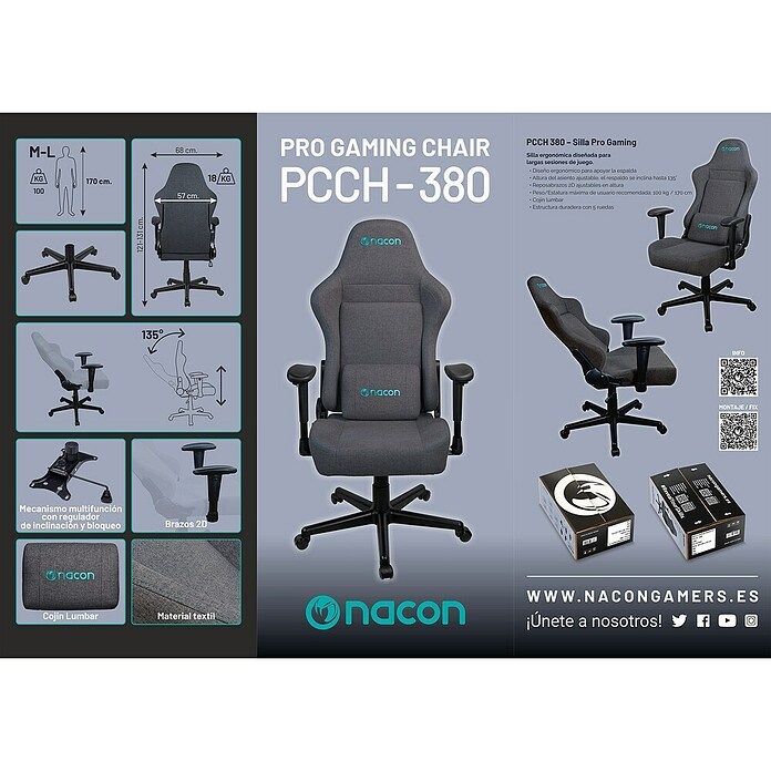 Nacon Silla de oficina PCCH-380 (Para Gamers, Gris, Cojín lumbar) | BAUHAUS