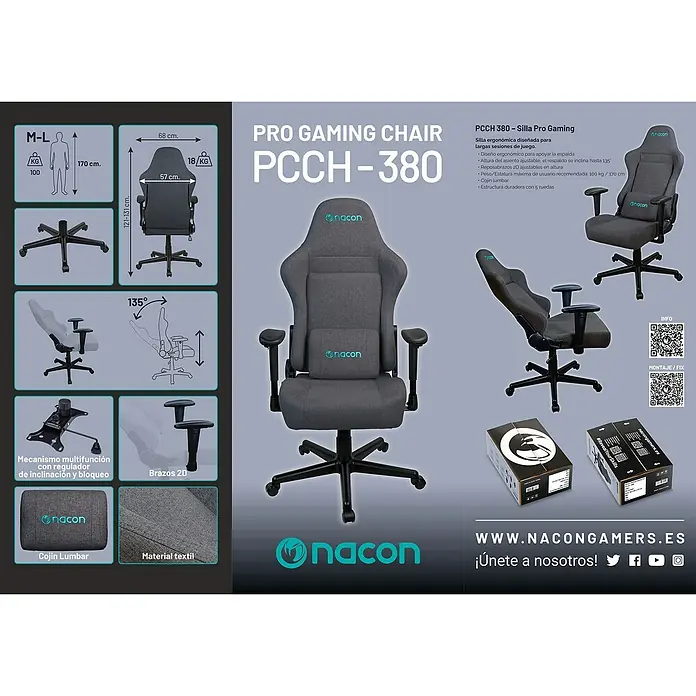 Nacon Silla de oficina PCCH-380 - Para Gamers, Gris, Cojín lumbar - Imagen del producto de la silla PCCH-380 Pro Gaming de Nacon, una silla ergonómica diseñada para largas sesiones de juego.
