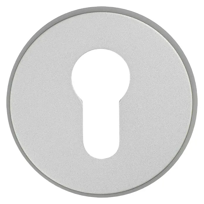 Abus Sicherheitsrosette RH410 - Holztür, Aluminium, Stärke Schild/ Rosette: 11 mm - Nahaufnahme einer silbernen Schlüsselloch-Rosette mit einer grauen Umrandung.