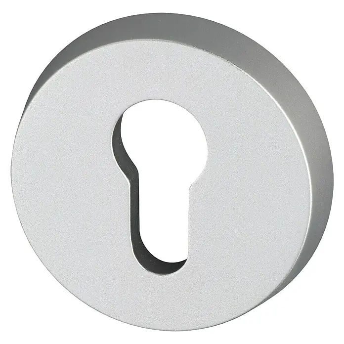 Abus Sicherheitsrosette RH410 - Holztür, Aluminium, Stärke Schild/ Rosette: 11 mm - Nahaufnahme einer silbernen Schlüsselrosette, die eine elegante und minimalistische Ergänzung für jede Tür darstellt.