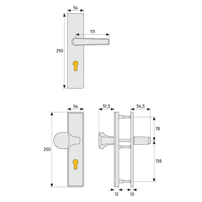 Abus Schutzbeschlag HLT612 - Hauseingangstür, Neusilber, Drücker beidseitig, Stärke Tür: 57 mm - 65 mm - Eine technische Zeichnung eines Türgriffs mit verschiedenen Maßen, die die Länge und Breite des Produkts zeigen.
