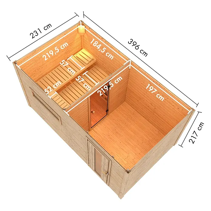 Karibu Saunahaus Hytti - Mit 9 kW Saunaofen mit externer Steuerung, L x B x H: 231 x 396 x 218 cm, Naturbelassen - Ansicht der Sauna mit Maßangaben. Die Sauna ist aus Holz gefertigt und hat eine Tür und ein Fenster. Die Maße sind in Zentimetern angegeben.