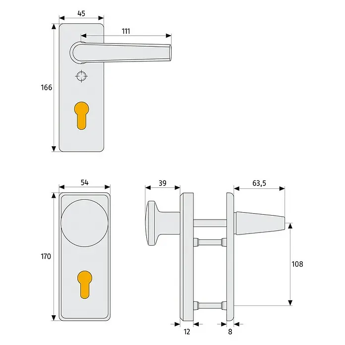 Abus Schutzbeschlag KKT512 - Feuerschutztür, Aluminium, Knopf außen, Drücker innen, Stärke Tür: 37 mm - 47 mm - Technische Zeichnung einer Türgarnitur mit Maßen für Montage, bestehend aus Griff, Rosette und Beschlag.