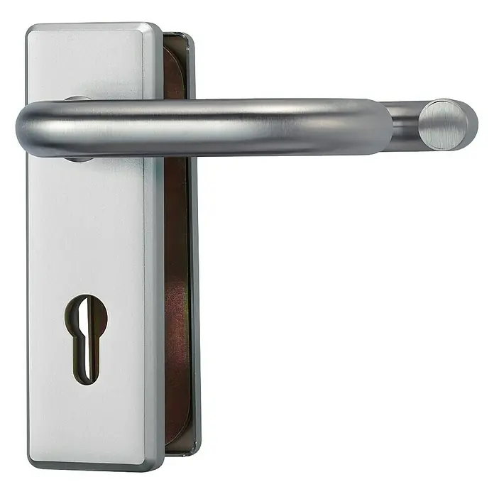Abus Schutzbeschlag KKT512 - Feuerschutztür, Aluminium, Drücker beidseitig, Stärke Tür: 37 mm - 47 mm - Ein silberner Türgriff mit einem länglichen Design, das ein modernes und elegantes Aussehen verleiht. Das Design beinhaltet ein Schlüsselloch.