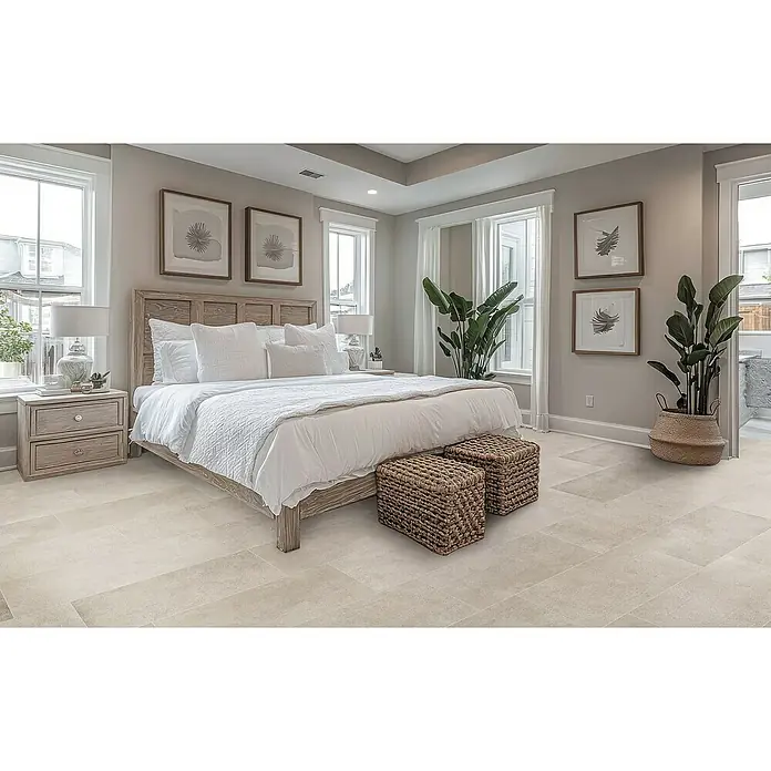 Feinsteinzeugfliese Rimini - 30,5 x 61 cm, Beige, Matt - Stilvolles Schlafzimmer mit einem hellen Holzbett, weißen Textilien und zwei geflochtenen Hockern vor dem Bett. Die hellen Fliesen ergänzen die sanfte Farbpalette.