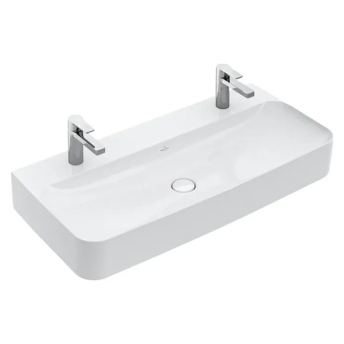Villeroy & Boch Finion Doppelwaschtisch - 100 x 47 cm, Mit schmutzabweisender Glasur, Oberfläche Beckenunterseite: Ungeschliffen, Hahnloch: Mitte, Weiß - Ein stilvolles, weißes Waschbecken mit zwei modernen Chromarmaturen. Das Design ist minimalistisch und elegant.