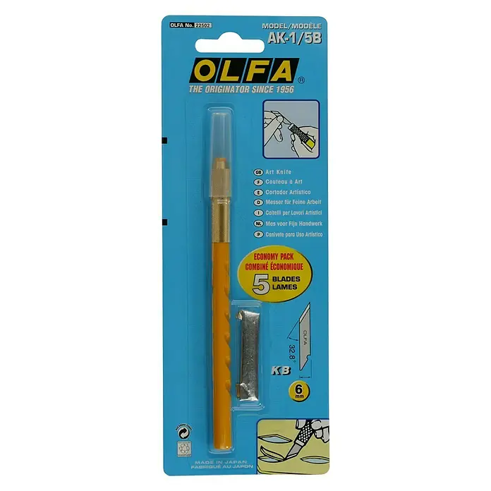 Olfa Präzisionsmesser AK-1 - Skalpellklinge, 6 -tlg. - OLFA AK-1/5B Bastelmesser-Set mit 5 Klingen. Ideal für präzise Schnitte und filigrane Arbeiten im Modellbau und Kunsthandwerk.