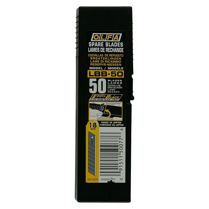 Olfa Abbrechklinge LBB - Klingenbreite: 18 mm, 50 Stk. - OLFA LBB-50 Ersatzklingen: 50 extra scharfe Klingen im schwarzen Gehäuse, ideal für präzise Schneidarbeiten.
