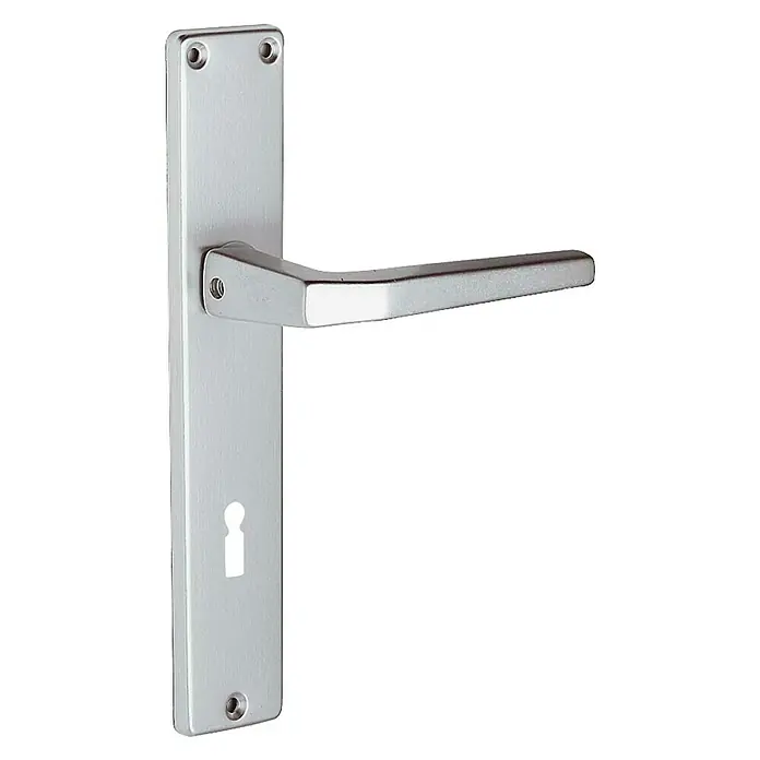 Conjunto de picaporte 1001 - Aluminio, Pulido - Primer plano de un tirador de puerta plateado con un agujero para la llave sobre una superficie blanca, que muestra un diseño moderno y funcionalidad.